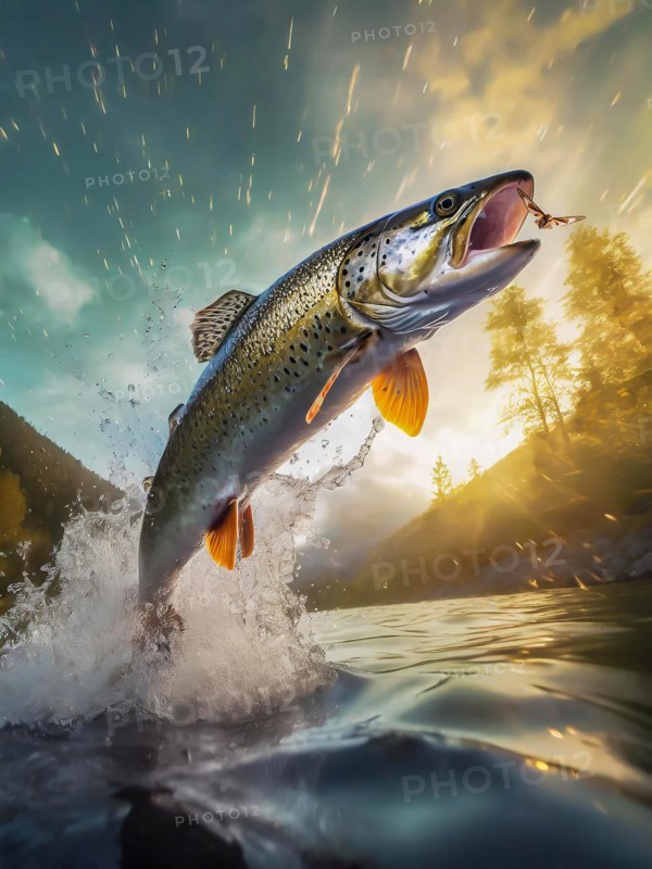 A trout jumps high out of the water to catch a moth in flight, AI generated, AI generated