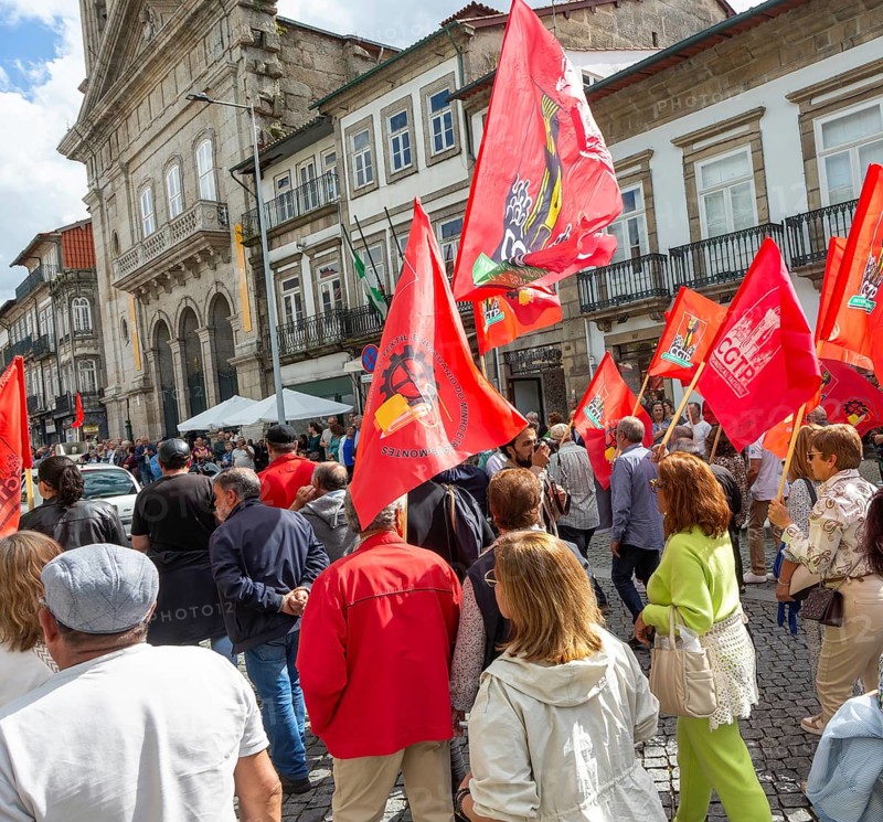 Political rally and march for May Day in city of Guimaraes, Braga district, northern Portugal, Europe - 1st May 2025