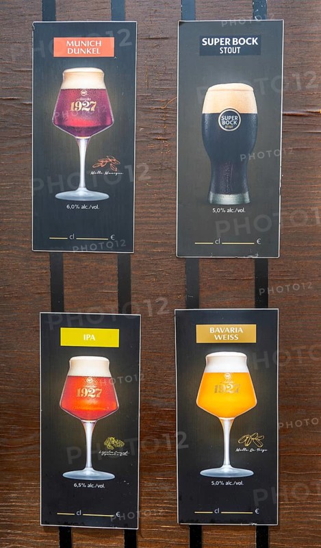 Menu board for types of beer on sale at cafe bar, Guimaraes, Portugal, Europe