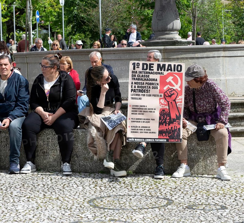 May Day political poster, Largo do Toural, Toural square, city of Guimaraes, northern Portugal