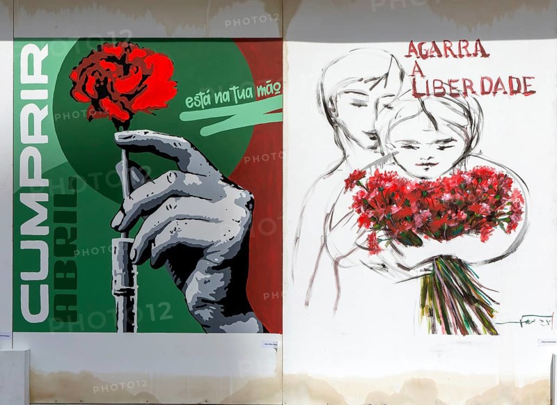 Display of feminist artworks, Largo do Toural, Toural square, city of Guimaraes, northern Portugal