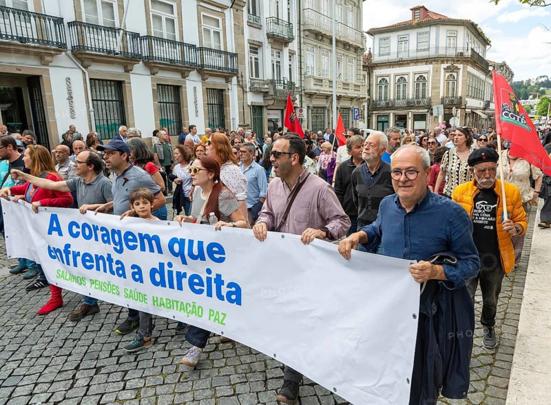 Political rally and march for May Day in city of Guimaraes, Braga district, northern Portugal, Europe - 1st May 2025