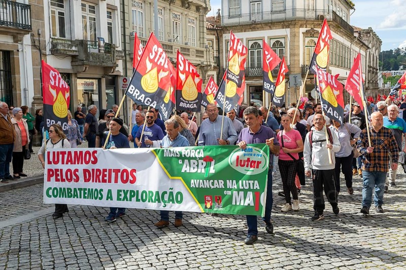 Political rally and march for May Day in city of Guimaraes, Braga district, northern Portugal, Europe - 1st May 2025