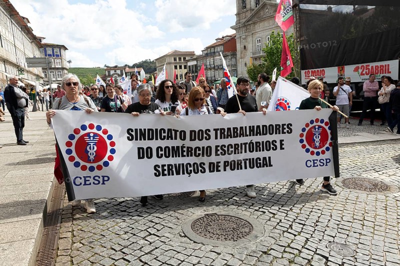 Political rally and march for May Day in city of Guimaraes, Braga district, northern Portugal, Europe - 1st May 2025