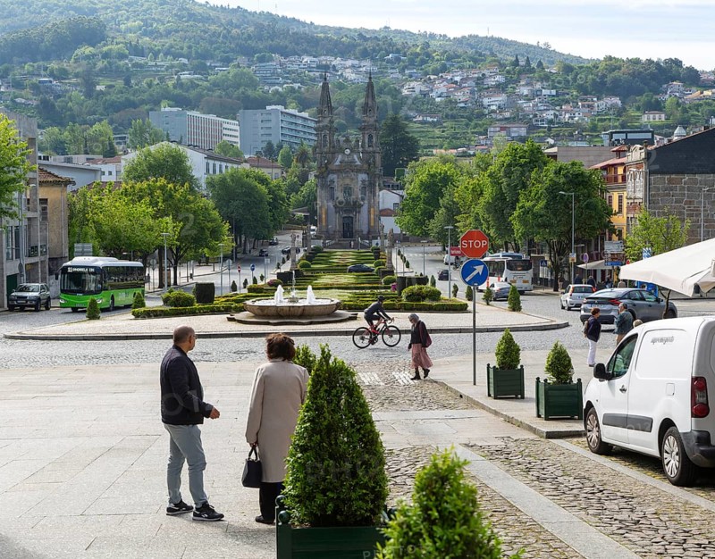 Street view to Santos Passos Church, Largo da República do Brasil, Campo da Feira, city of Guimaraes, northern Portugal