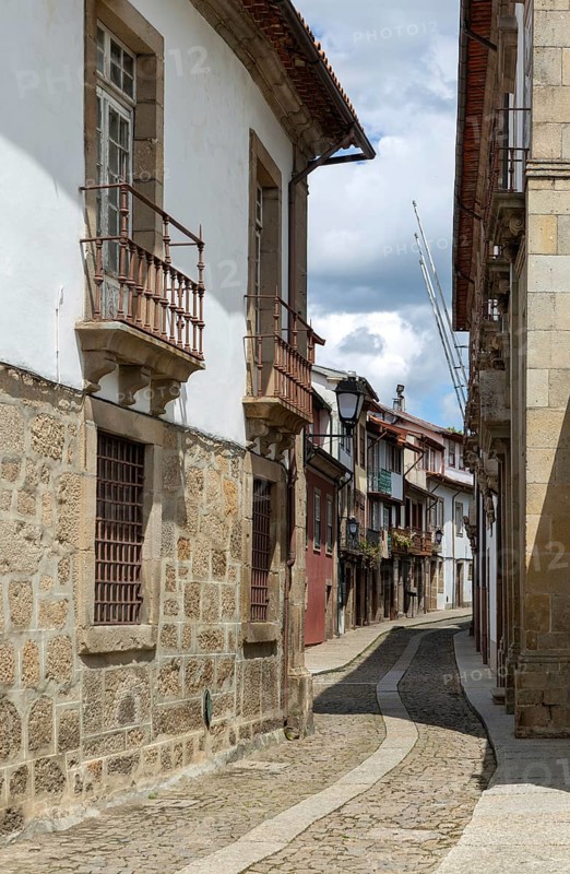 Street of historic buildings with balconies, Rua João Lopes de Faria, city centre Guimaraes, northern Portugal