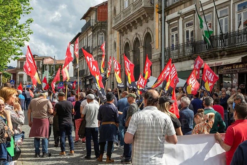 Political rally and march for May Day in city of Guimaraes, Braga district, northern Portugal, Europe - 1st May 2025
