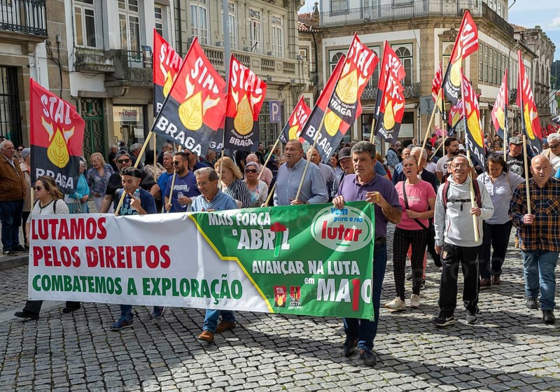 Political rally and march for May Day in city of Guimaraes, Braga district, northern Portugal, Europe - 1st May 2025
