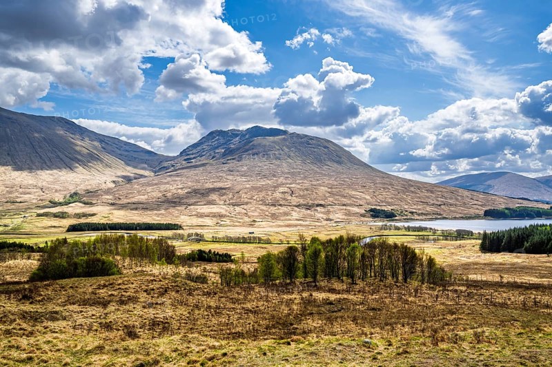 Mountains and Moors over Loch Tulla and River Orchy, Highlands, Scotland, UK