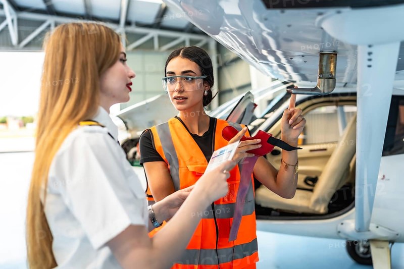 Female aircraft maintenance engineer wearing high visibility vest explaining airplane part to pilot holding documents in hangar
