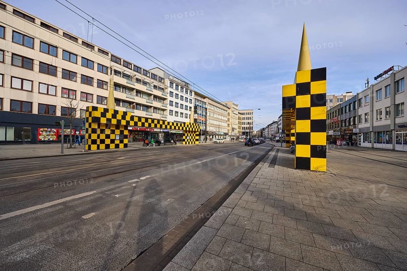 Steintor tram stop, designer Alessandro Mendini, general architecture, diffuse light, pale blue cloudy sky, slightly sunny, Kurt-Schumacher-Straße, Hanover, state capital, Hanover region, Lower Saxony, Germany, Europe