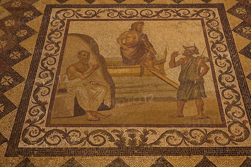 Ancient mosaic depicting a scene with three people, artistically embedded in the floor, Roman House of Asklepios in Serayia, Scene: Asklepios lands on Kos, close-up, Archaeological Museum, Kos Town, Kos, Dodecanese, Greek Islands, Greece, Europe