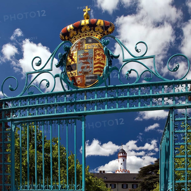 Entrance gate to Bad Homburg vor der Höhe Castle with the White Tower, Hesse, Germany, Europe