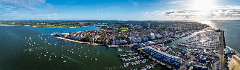 Panorama of Marina and Beach in Arcachon from a drone, Arcachon, Gironde, France, Europe