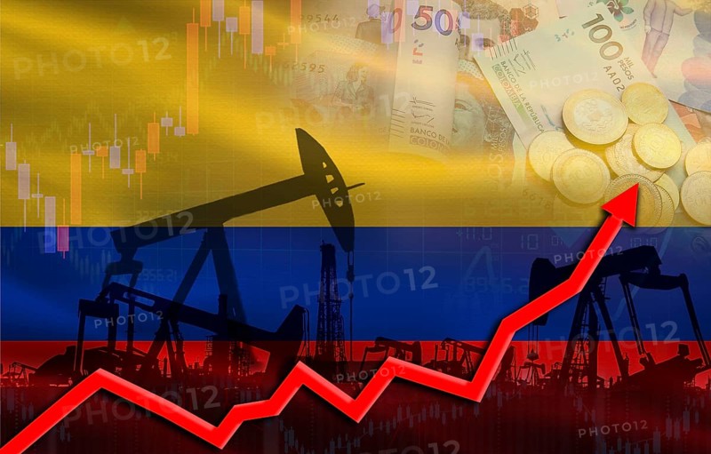 Oil production with Colombia flag, petrol industry. Oil pumps with Colombia flag