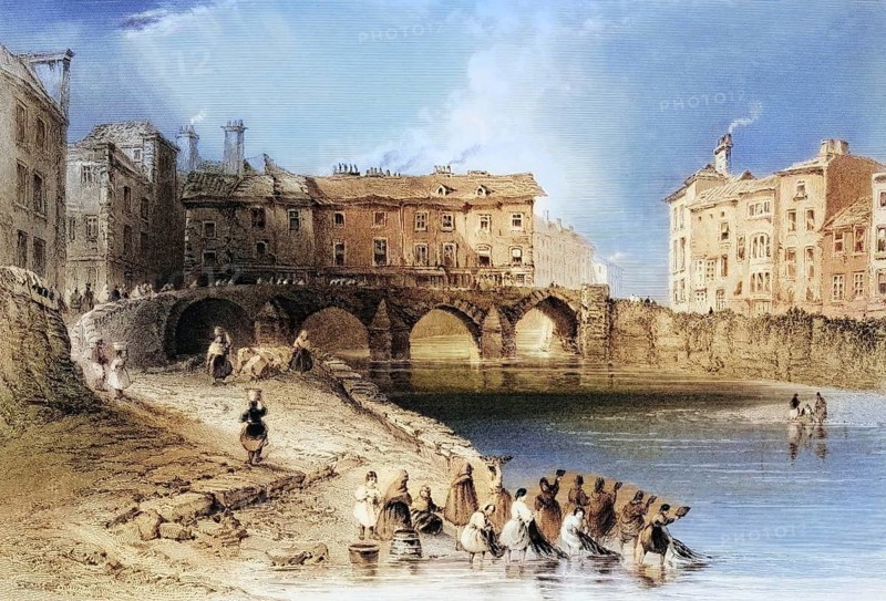 Old boat bridge, Limerick, Ireland, from the Landscape and Antiquities of Ireland, 1841, digital reproduction of a historical model, Europe
