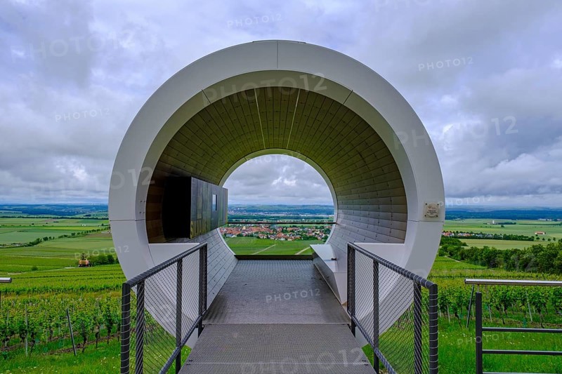 Terroir f, viewpoint in the vineyards on the Schwanberg near Rödelsee, Steigerwald nature park Park, Lower Franconia, Franconia, Germany, Europe