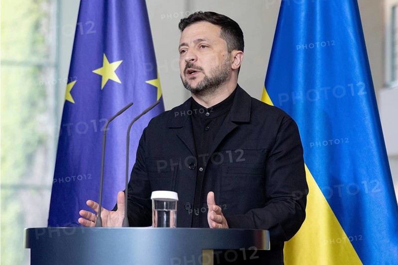 Berlin, Germany - 28 May 2025: Volodymyr Zelensky (President of Ukraine, l.) and Friedrich Merz (Chancellor of the Federal Republic of Germany, not pictured) answer questions from journalists during a question and answer session at a press conference in the Chancellery