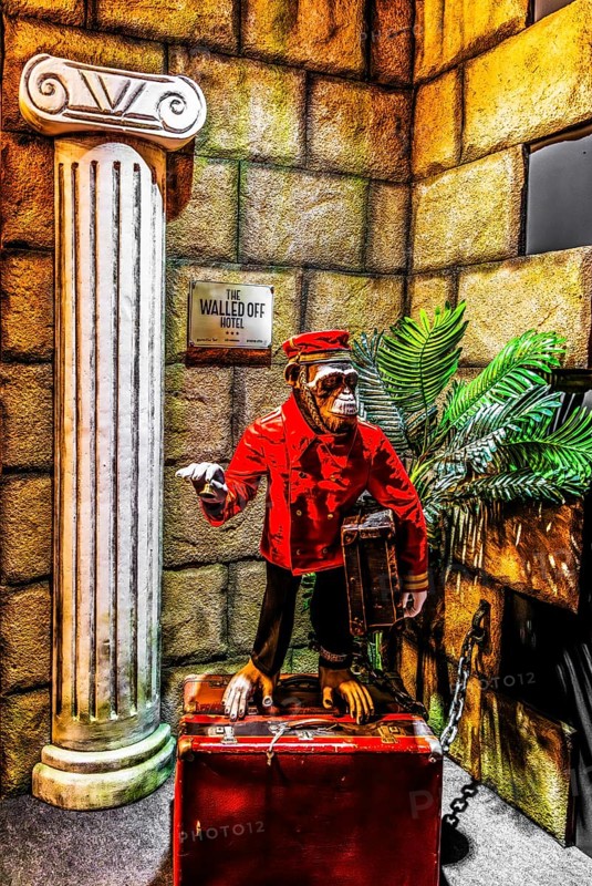 Banksy - The Walled Off Hotel, ironically artistically designed rooms right next to the controversial wall, 2023, Bethlehem, West Bank, exhibition The World of Banksy