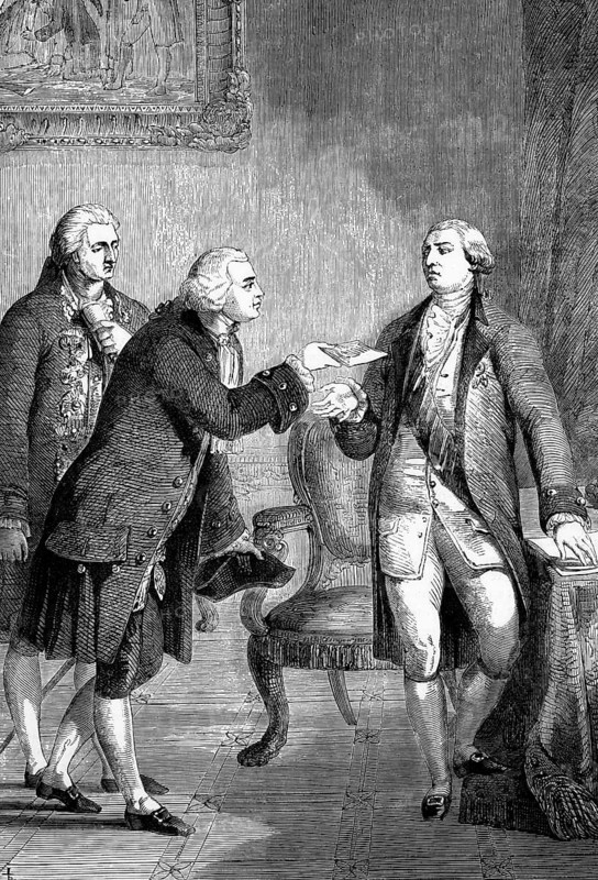 The presentation of John Adams, the appointed first American ambassador to Great Britain, to King George III at the court of St James, England, digital reproduction of a historical original