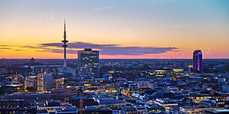 City view from above with the Heinrich Hertz Tower at atmospheric sunset, Hamburg, Germany, Europe