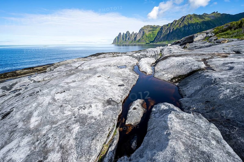 Tidal pools, rocky coast of Tungeneset, Devil's Teeth, Devil's Teeth, Okshornan, Ersfjorden, Senja Island, Troms, Norway, Europe