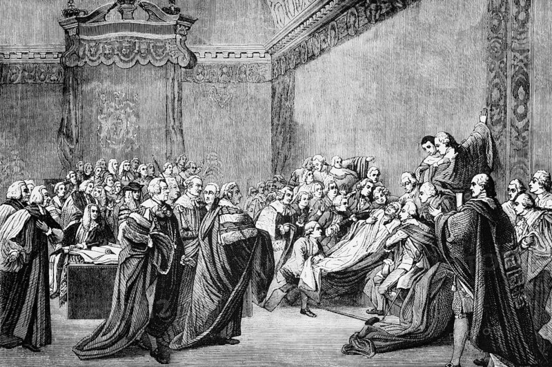 The collapse of the House of Lords under William Pitt the Elder, a British Whig statesman and Prime Minister who led Britain during the Seven Years' War. He died on 11 May 1778, England, digital reproduction of a historical original