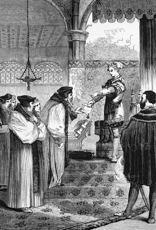 Edward VI presented Cardinal Cranmer with the warrant for Joan Bocher's arrest. Her first conflict with church and state came after she spoke out against the sacrament of the altar. These views brought her to the stake on 2 May 1550, England, digital reproduction of a historical model