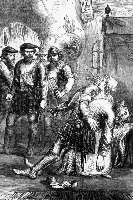 The death of Macian, the elder chieftain of the Macdonald clan, during the Glencoe Massacre in Lochaber, Highland, Scotland. It occurred on 13 February 1692 in the wake of the Glorious Revolution and the Jacobite Rising of 1689 led by John Graham of Claverhouse, England, digital reproduction of a historical original