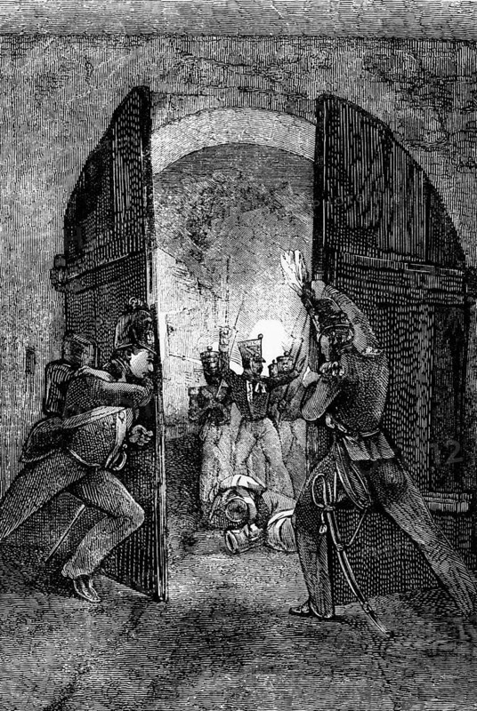 An attack on Chateau D'hougoumon, a large farmhouse at the foot of a steep slope near the Nivelles road in Braine-l'Alleud, near Waterloo, Belgium, in 1815, digital reproduction of a historical model, Europe