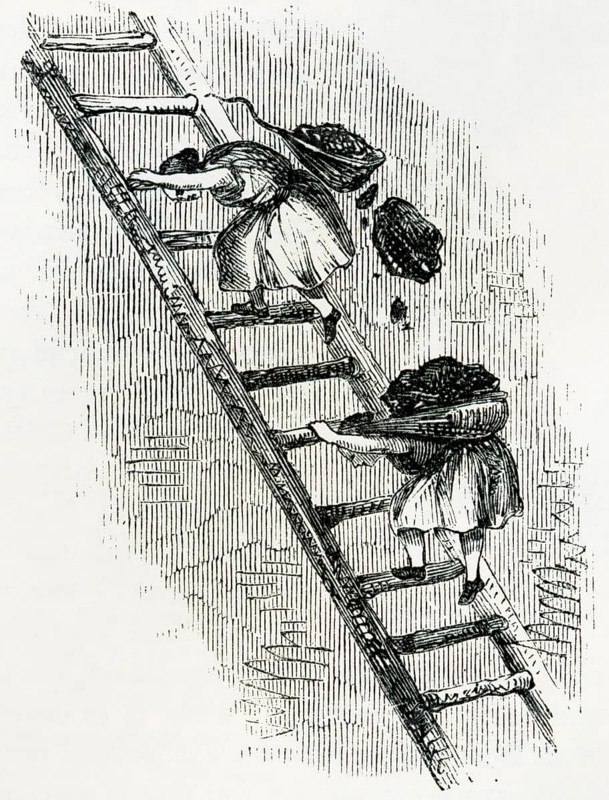 Women transporting coal to the surface in the mines of eastern Scotland in the 19th century. From the Cyclopaedia of Useful Arts and Manufactures by Charles Tomlinson, digital reproduction of a historical model