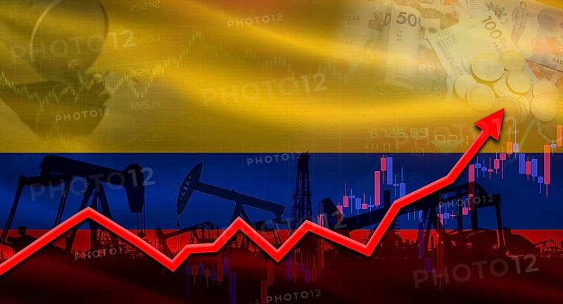 Oil pumps with Colombia flag. Oil production with Colombia flag, petrol industry