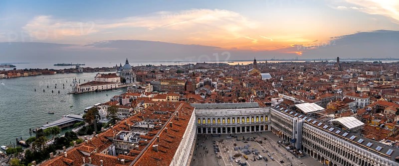 Panorama, St Mark's Square and Basilica di Santa Maria della Salute on the Grand Canal at sunset, view from the Campanile di San Marco bell tower, city view of Venice, Veneto, Italy, Europe