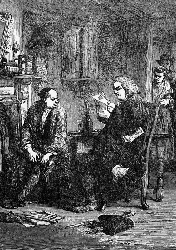 Dr Samuel Johnson reads the manuscript of Oliver Goldsmith's The Vicar of Wakefield, one of the most popular and widely read novels of 18th century England, digital reproduction of a historical original