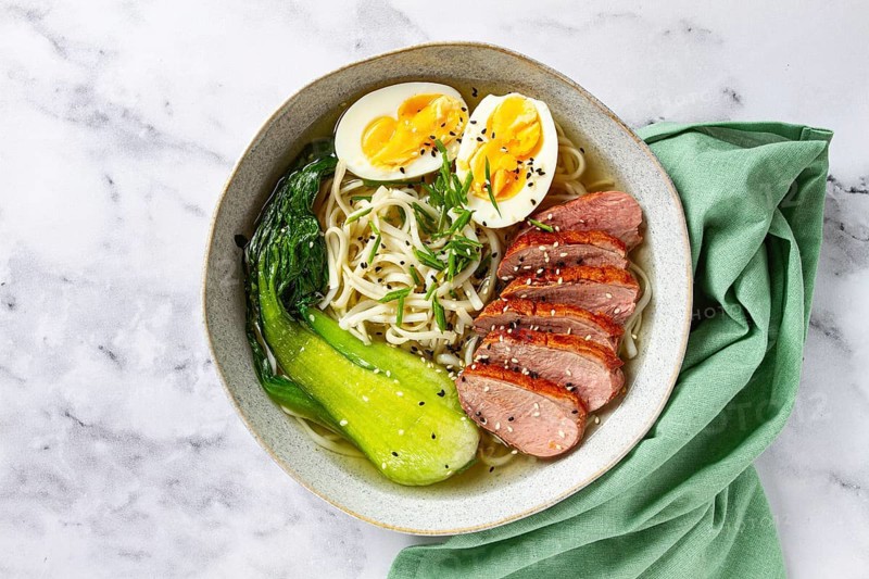 Ramen soup with duck and noodles, with eggs and bok choy, homemade, no people
