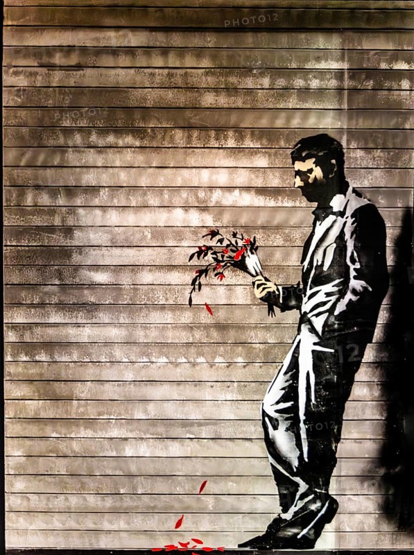 Banksy - Waiting in Vain, Romance at the entrance of a strip club, 2013, Hell's Kitchen, New York City, USA, exhibition The World of Banksy, North America