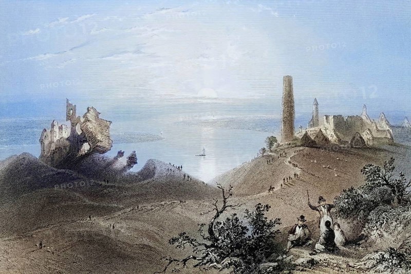 Seven churches of Clonmacnoise, Ireland, from the Landscape and Antiquities of Ireland, 1841, digital reproduction of a historical model, Europe