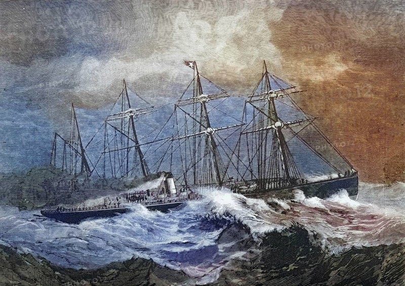 The 3867-ton steamship Celtic crossing the Atlantic in the winter of the 1870s, America, digital reproduction from American Pictures, drawn in pen and pencil, coloured, by Samuel Manning, published circa 1880, Historical