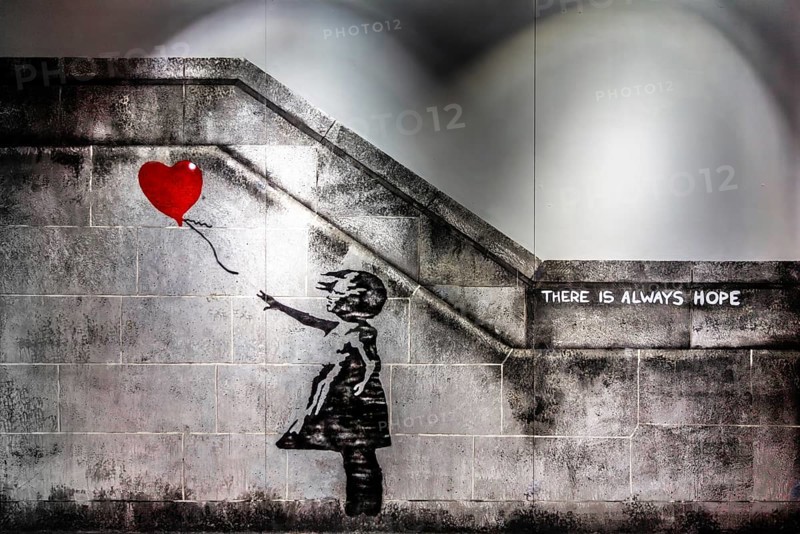 Banksy - Girl with Balloon, There is always hope, 2002, Southbank, London, exhibition The World of Banksy
