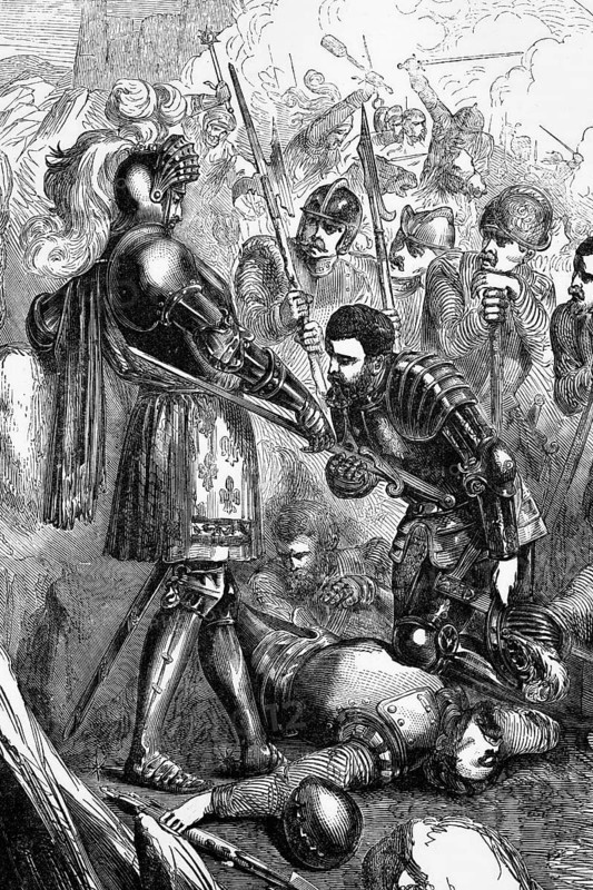 At the Battle of Pavia, fought in Italy on the morning of 24 February 1525, Francis I of France was captured by Spanish troops, imprisoned by Charles V and forced to sign the humiliating Treaty of Madrid, digital reproduction of a historical original