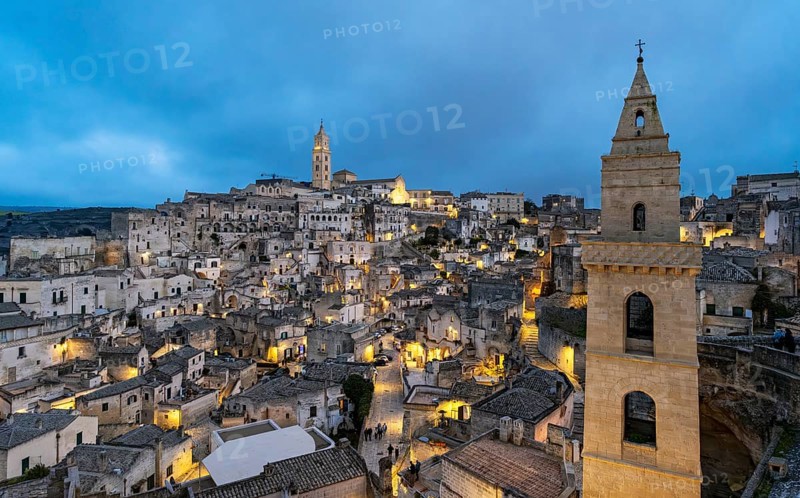 Panoramic View of Sassi di Matera at night, Sasso Barisano, Basilicata, Italy, Europe