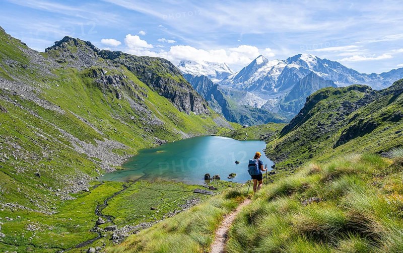 Mountaineer on hiking trail in picturesque mountain landscape, view of mountain lake Lac du Louvie and glaciated mountain peaks of the Grand Combine, Valais Alps, Val de Bagnes, Valais, Switzerland, Europe