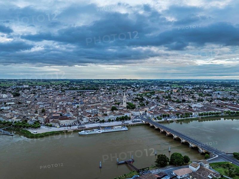 Twilight over Libourne from a drone, Gironde, Nouvelle-Aquitaine, Saint-Émilion and Pomerol, Southwestern France