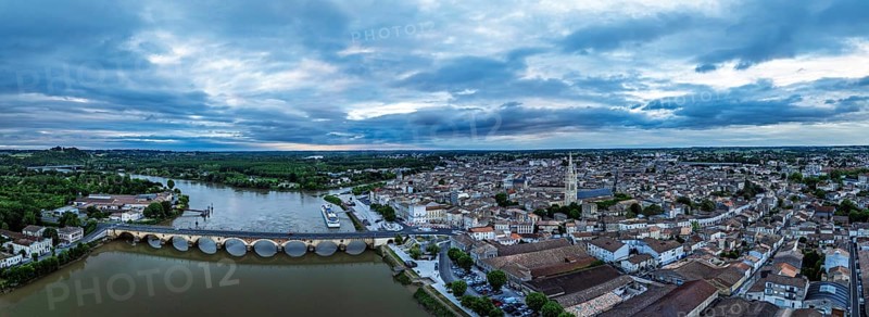 Twilight over Libourne from a drone, Gironde, Nouvelle-Aquitaine, Saint-Émilion and Pomerol, Southwestern France