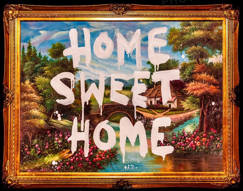 Banksy - Home Sweet Home, rethinking the traditional home, exhibition Barely Legal, 2006, Los Angeles USA, exhibition The World of Banksy