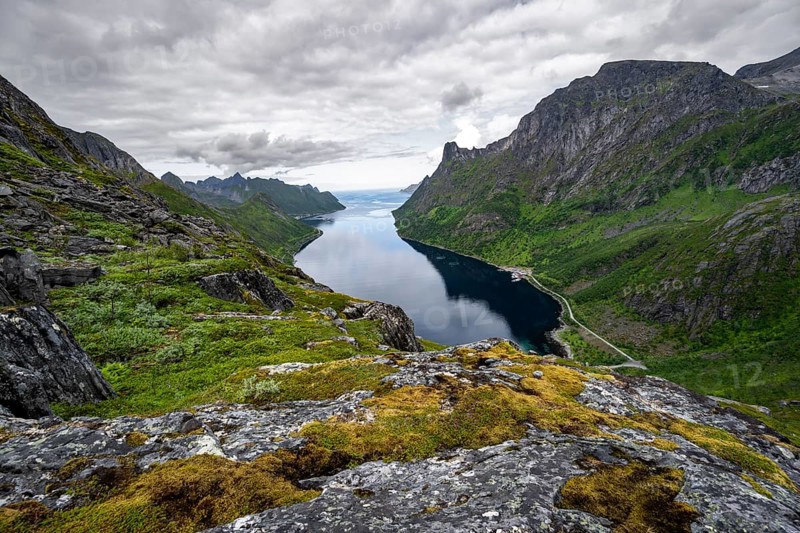 View of Øyfjorden fjord and mountains, fjord landscape with mountain peaks, hike to Barden mountain, Senja, Norway, Europe
