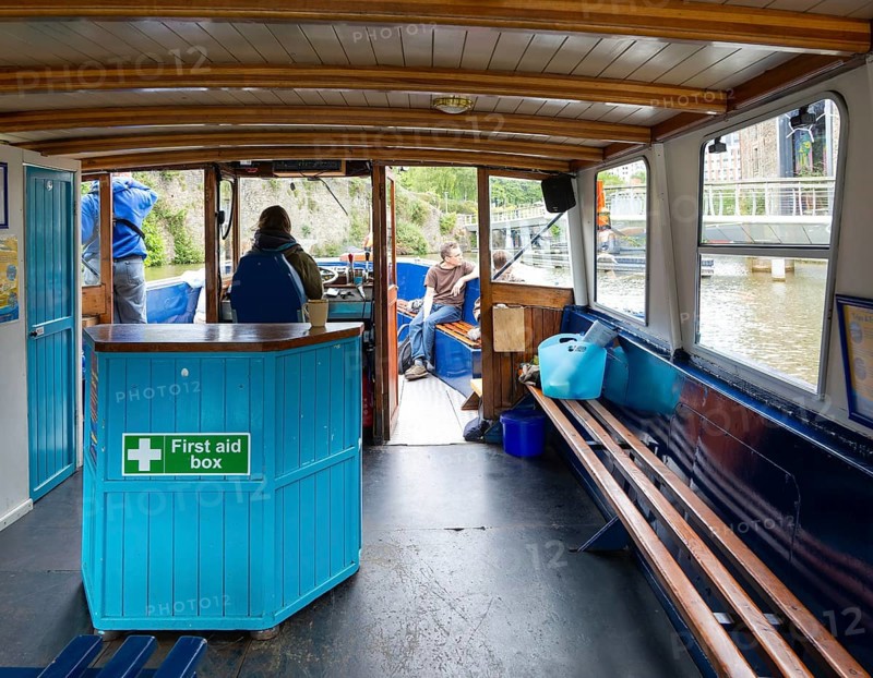 View from inside on waterbus ferry boat, Floating Harbour, Bristol, England, UK
