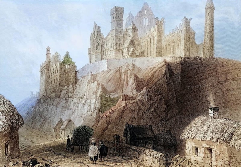 Rock of Cashel, Connemara, County Galway, Ireland, from the Landscape and Antiquities of Ireland, 1841, digital reproduction of a historical model, Europe