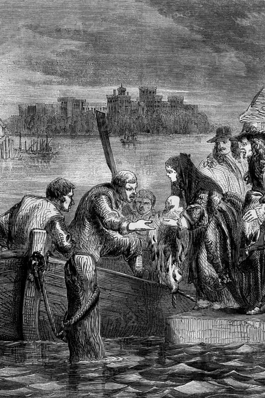 The flight of Queen Mary, the second woman of King James II of England, James II, (14 October 1633 to 16 September 1701) who, instead of fighting against the army of William III, tried to flee to France, England, digital reproduction of a historical model