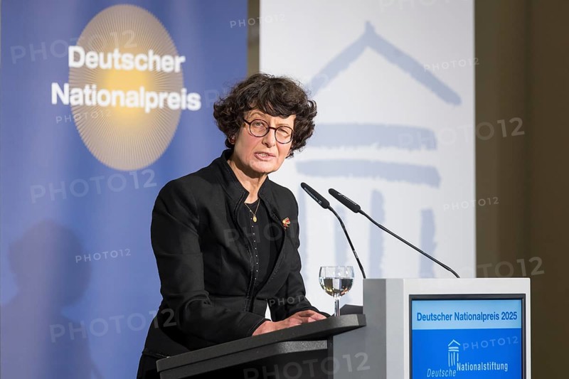 Özlem Türeci (founder of Biontech SE) gives an acceptance speech after receiving the German National Prize 2025 at the Französische Friedrichstadtkirche, Berlin, on 10 June 2025
